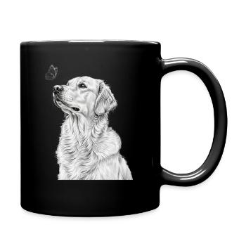 Golden Retriever Illustration mit Schmetterling - Tasse einfarbig - Schwarz - Rechts