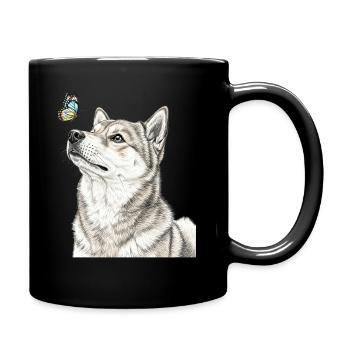 Shiba Inu dog looking at butterfly - Full Colour Mug - black - Right