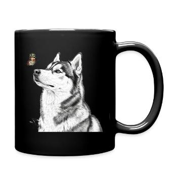 Husky with Butterfly Banksy Style Motif - Full Colour Mug - black - Right