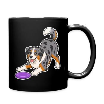 Australian Shepherd with purple Frisbee - Full Colour Mug - black - Right