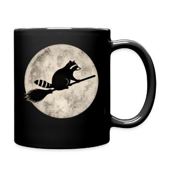 Raccoon on broom before full moon Halloween Funny - Full Colour Mug - black - Right