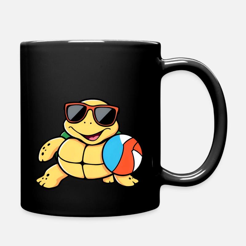Joyful Yellow Turtle in Sunglasses with Beach Ball - Full Colour Mug - black