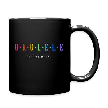Ukulele - Hüpfender Floh - Bunte Buchstaben - Tasse einfarbig - Schwarz - Rechts