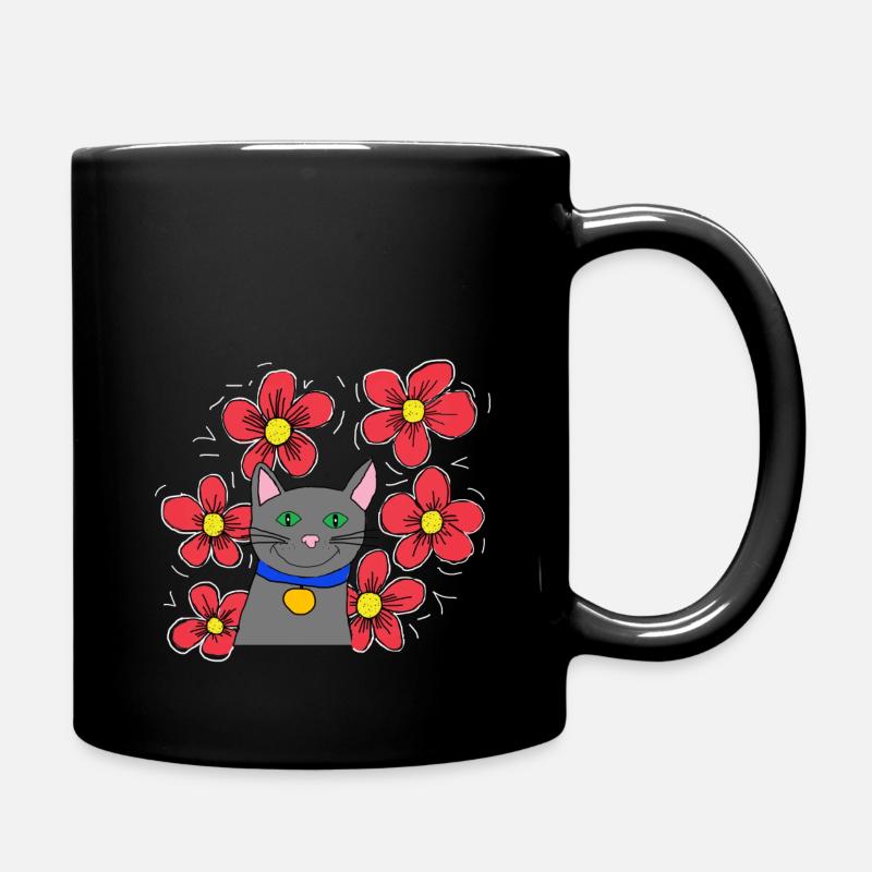Grey cat with flowers - Full Colour Mug - black