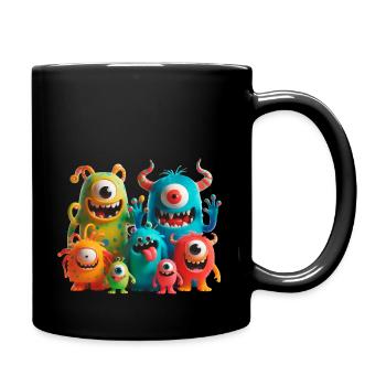 Bunte Monster Familie hat Spaß - Tasse einfarbig - Schwarz - Rechts