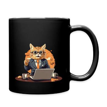CEO cat in suit with laptop and coffee - Full Colour Mug - black - Right