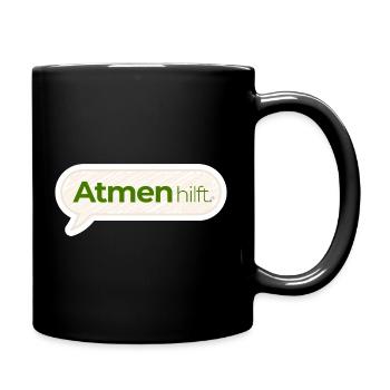 Atmen hilft – Achtsamkeitsspruch in Moosgrün - Tasse einfarbig - Schwarz - Rechts