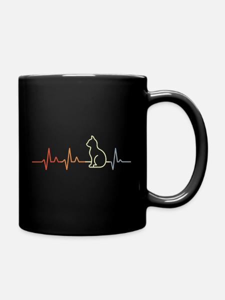 Retro Herzschlag Katze - Tasse einfarbig - Schwarz