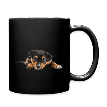 Cute puppy lying down on white background, facing - Full Colour Mug - black - Right