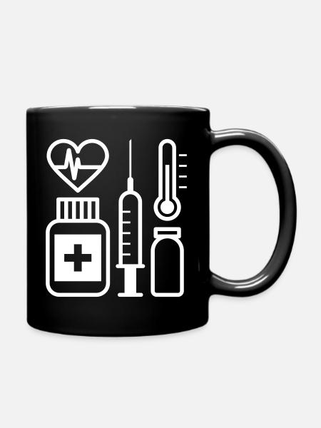 Rythme cardiaque, seringue, médicaments et thermomètres - Mug uni - noir
