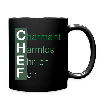 Unser Chef ist charmant, harmlos, ehrlich, fair - Tasse einfarbig - Schwarz - Rechts