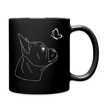 Französische Bulldogge mit Schmetterling - Tasse einfarbig - Schwarz - Rechts
