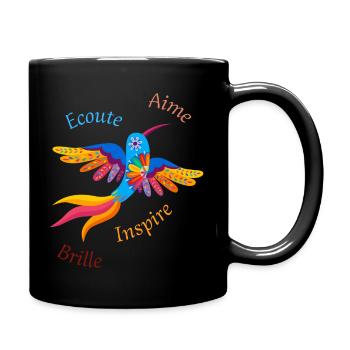 Mehrfarbiger Vogel mit inspirierenden Worten - Tasse einfarbig - Schwarz - Rechts