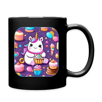 Niedliches dickes Einhorn mit Kuchen und Cup Cakes - Tasse einfarbig - Schwarz - Rechts