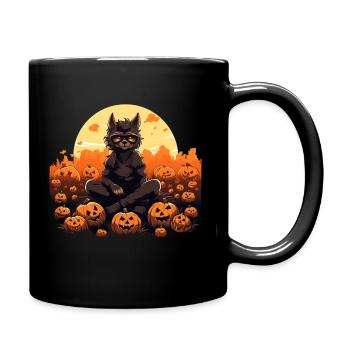 Halloween werewolf with sunglasses in pumpkin field - Full Colour Mug - black - Right