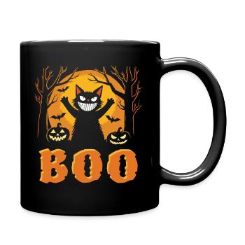 Happy Halloween Katze - Gruselig grinsen - BOO - Tasse einfarbig - Schwarz - Rechts