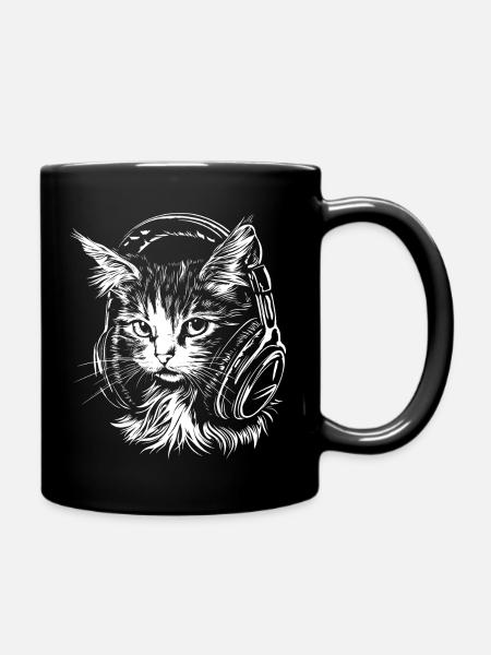 Cat Headset Music DJ - Full Colour Mug - black