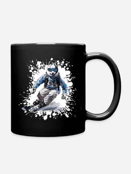 Husky Dog Ski Skiing - Full Colour Mug - black