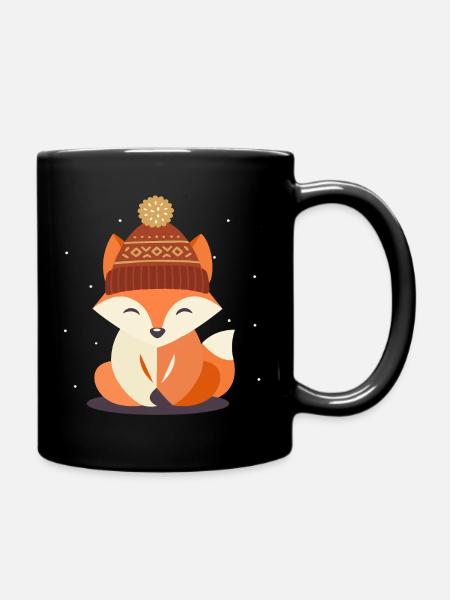 Lächelnder Fuchs mit Wintermütze – Wintermotiv - Tasse einfarbig - Schwarz