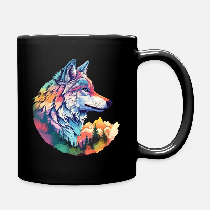 Wolf Wolf's Head Forest Nature Mountains Wilderness Colorful - Full Colour Mug - black