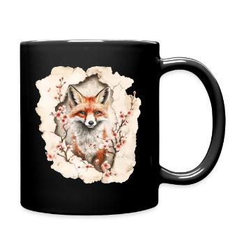 Fuchs mit Kirschblüten - Tasse einfarbig - Schwarz - Rechts