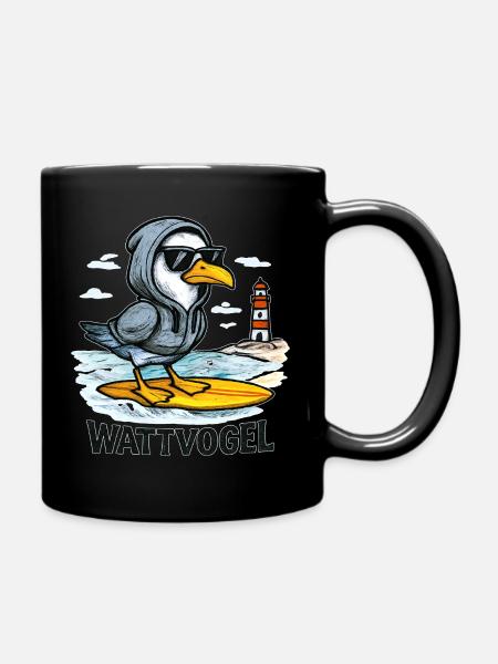 Wattvogel® Surfer-Möwe mit Hoodie & Sonnenbrille - Tasse einfarbig - Schwarz