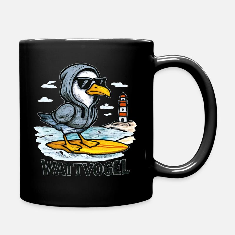 Wattvogel® Surfer-Möwe mit Hoodie & Sonnenbrille - Tasse einfarbig - Schwarz