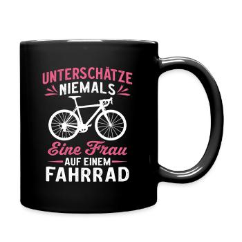 unterschätze niemals eine frau auf einem fahrrad - Tasse einfarbig - Schwarz - Rechts