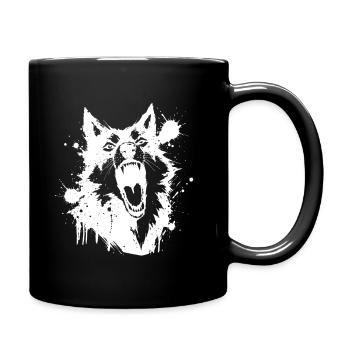 Wolf howling in white splatter shards - Full Colour Mug - black - Right