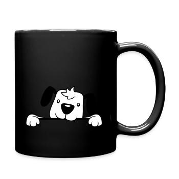 Hund Hinter Mauer Zaun Schild Guckt Glücklich Süß - Tasse einfarbig - Schwarz - Rechts