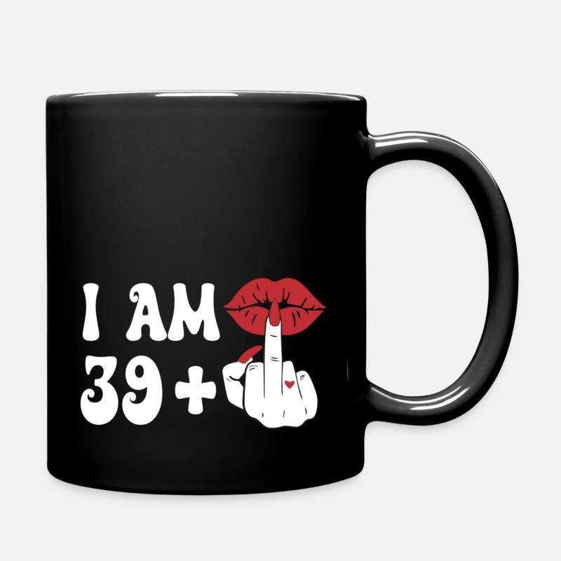 I Am 39 + 1 Middle Finger & Lips 40th Birthday - Full Colour Mug - black