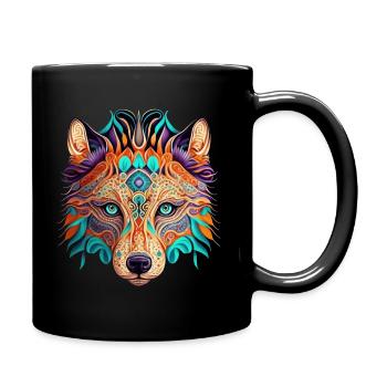Magischer Wolf orange türkis Ornamente - Tasse einfarbig - Schwarz - Rechts