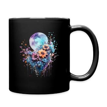 Mond im Aquarell-Design mit Blumen - Tasse einfarbig - Schwarz - Rechts