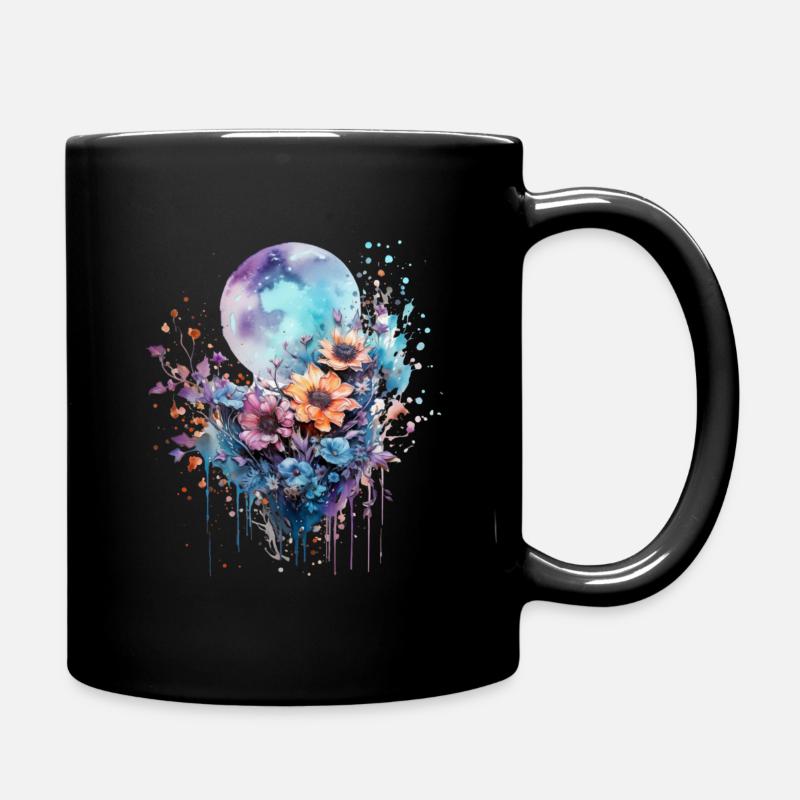 Lune à l’aquarelle avec des fleurs - Mug uni - noir