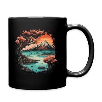 Japanese style mountain with sakura flowers - Full Colour Mug - black - Right
