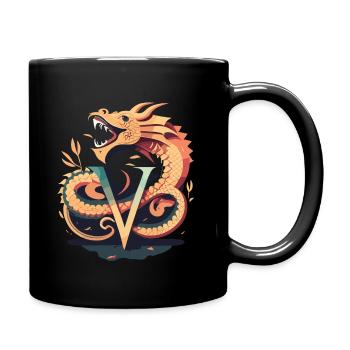 Buchstabe V mit Drache - Tasse einfarbig - Schwarz - Rechts