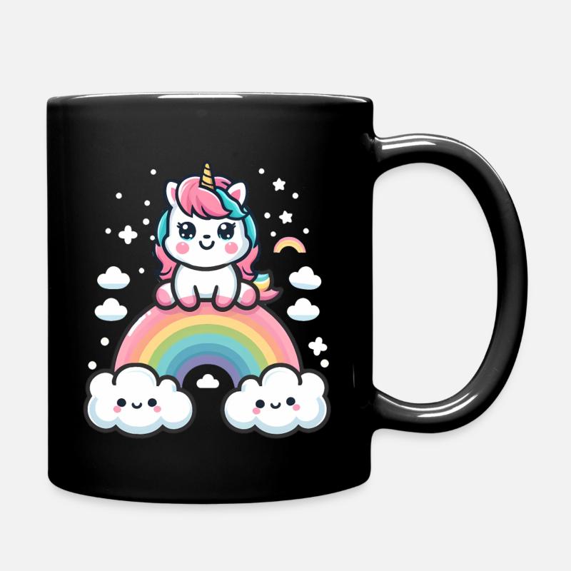 Cute unicorn with rainbow and clouds - Full Colour Mug - black
