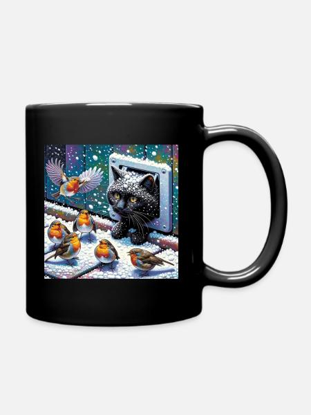Cats winter mischief on the doorstep - Full Colour Mug - black