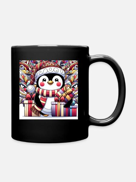 Festive penguin joyfully delivering holiday cheer - Full Colour Mug - black