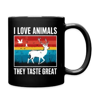 Ich liebe Tiere, sie schmecken super! - Tasse einfarbig - Schwarz - Rechts