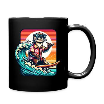 Casual otter on surfboard with sunglasses - Full Colour Mug - black - Right
