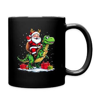 Lustiger Weihnachtsmann auf Dino mit Lichterkette - Tasse einfarbig - Schwarz - Rechts