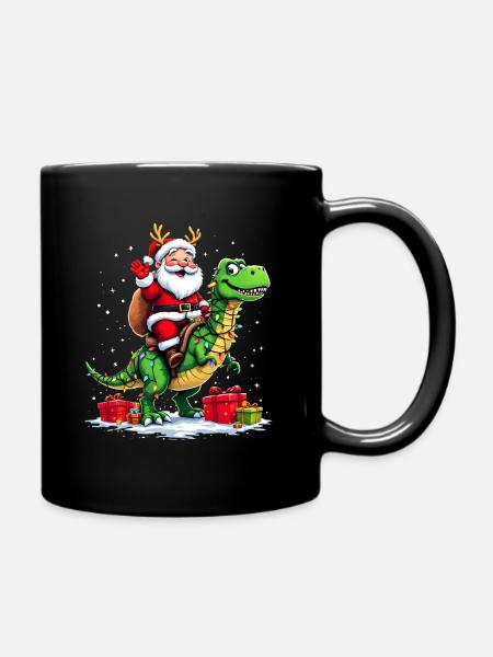 Lustiger Weihnachtsmann auf Dino mit Lichterkette - Tasse einfarbig - Schwarz