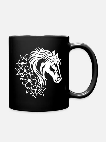 Elegant Horse and Floral Line Art Design - Full Colour Mug - black