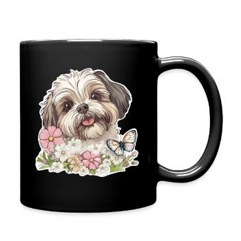 Shih Tzu und Schmetterling - Tasse einfarbig - Schwarz - Rechts