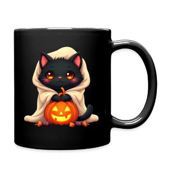 Halloween Katze mit Halloween Kürbis - Tasse einfarbig - Schwarz - Rechts