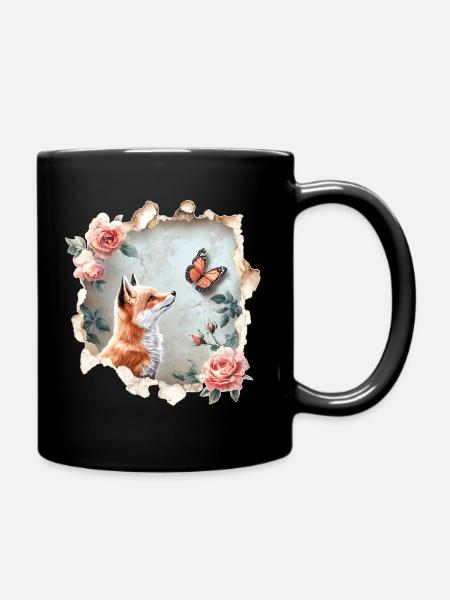 Fuchs mit Schmetterling - Tasse einfarbig - Schwarz