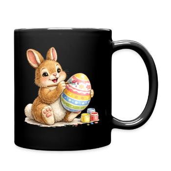 Bunny happily paints a colorful Easter egg - Full Colour Mug - black - Right