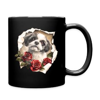Shih Tzu mit Rosen - Tasse einfarbig - Schwarz - Rechts