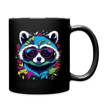 Bunter Waschbär mit Brille und Blättern - Tasse einfarbig - Schwarz - Rechts